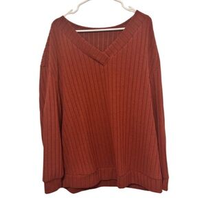 Emery Rose Ribbed V-Neck Sweater - Rust Orange